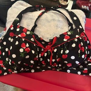 Retro Chic Black and Red Cherry Bikini Top